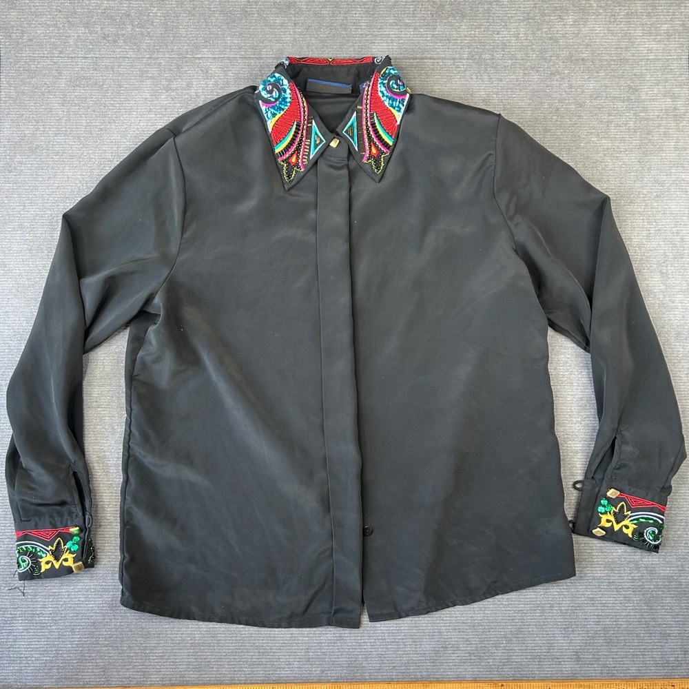 Karen Scott Vintage Black y2k Blouse Beaded Embroidered Collar Cuffs Size 10